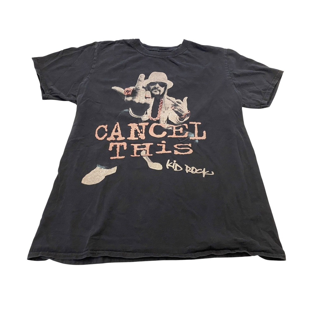 ⁠Kid Rock Cancel This T-Shirt Mens Large Black Graphic Tee Middle Finger Glitter